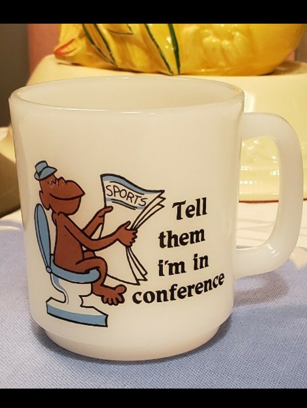 Vintage 1981 Glasbak Milk Glass Monkey Mug "Tell Them I'm In Conference"